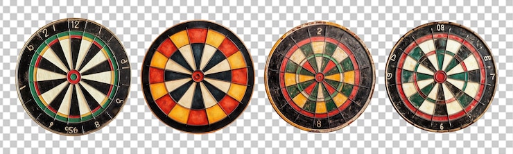 PSD set of bullseye with darts stuck in the center isolated on transparent background