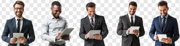 set of businessman smiling while using tablet isolate on transparency background psd
