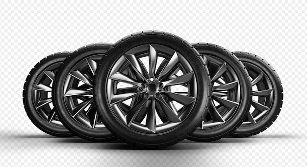 Set of car wheels on transparent background 3D rendering illustration