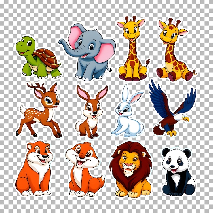 PSD a set of cartoon animals with different characters on a grid