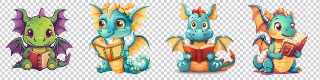 PSD a set of cartoon dragon reading a book isolated on transparent background