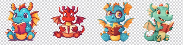 PSD a set of cartoon dragon reading a book isolated on transparent background