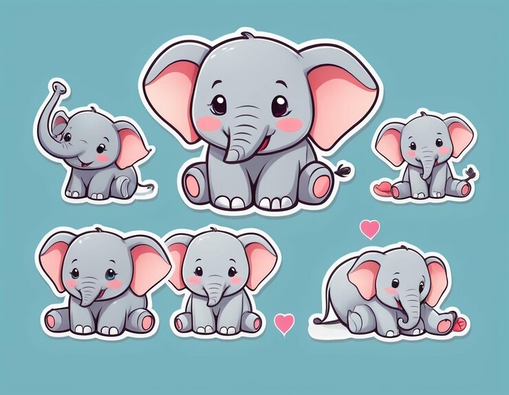 PSD a set of cartoon elephants with hearts and hearts