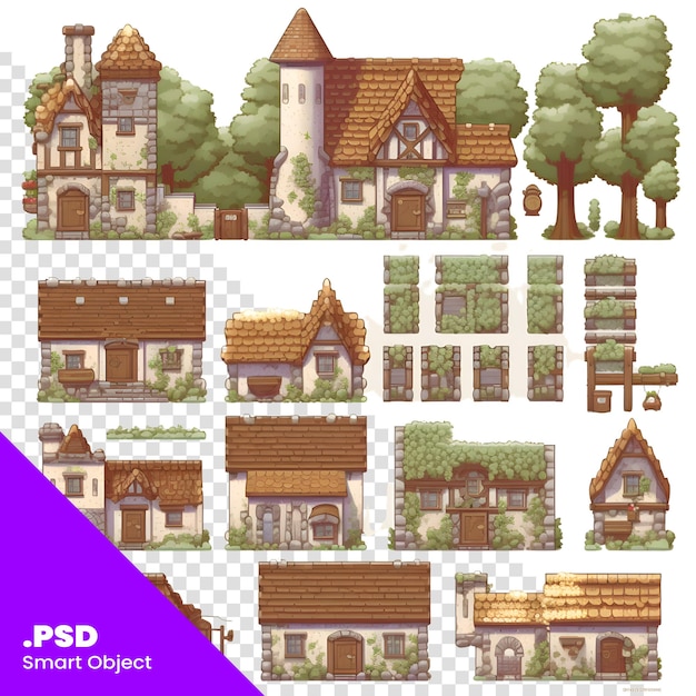 PSD set cartoon huizen met bomen en struiken vintage stijl vector illustratie psd sjabloon