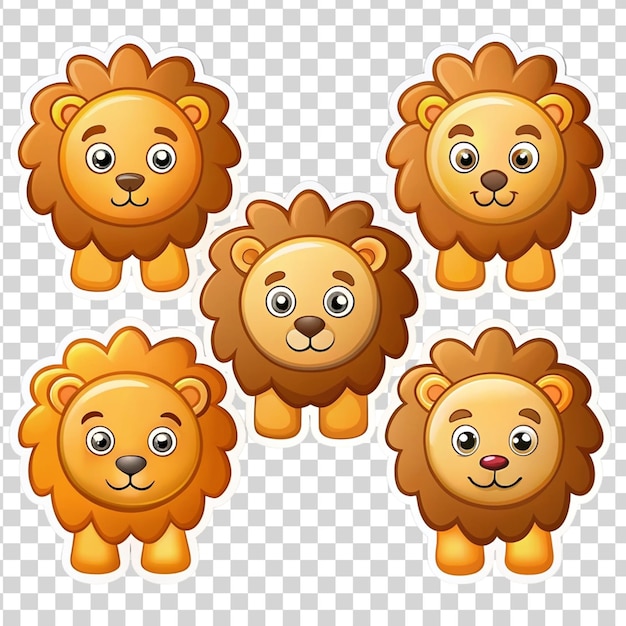 PSD set of cartoon lion head stickers isolated on transparent background