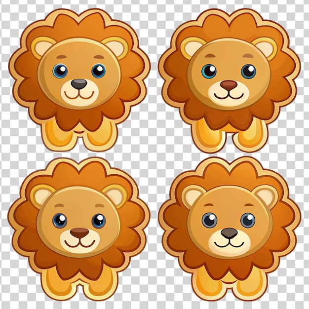 Set of cartoon lion head stickers isolated on transparent background