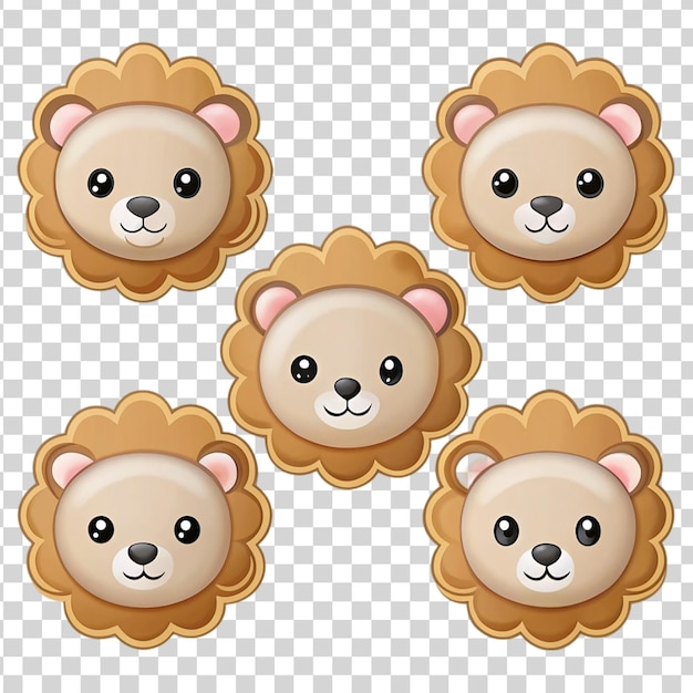 PSD set of cartoon lion head stickers isolated on transparent background