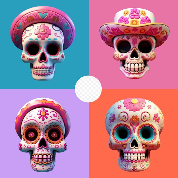 PSD set cartoon skeletons in un costume maschile messicano con un sombrero