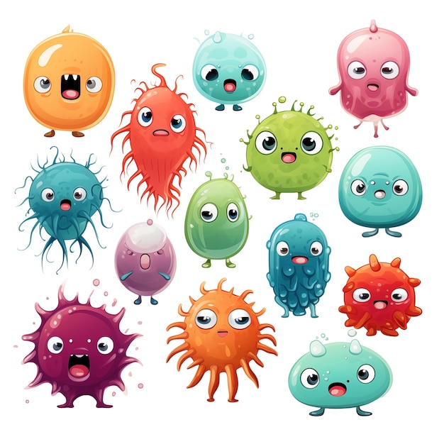 Set di personaggi di virus dei cartoni animati isolati su uno sfondo trasparente