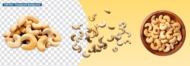 Set of Cashew Nuts Cashew Nuts in a Bowl Top View and Falling Cashew Nuts