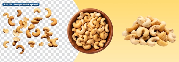 Set of Cashew Nuts Top View of Bowl with Cashew Nuts and Falling Cashew Nuts
