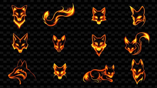 Un insieme di gatti con fiamme arancioni su uno sfondo nero