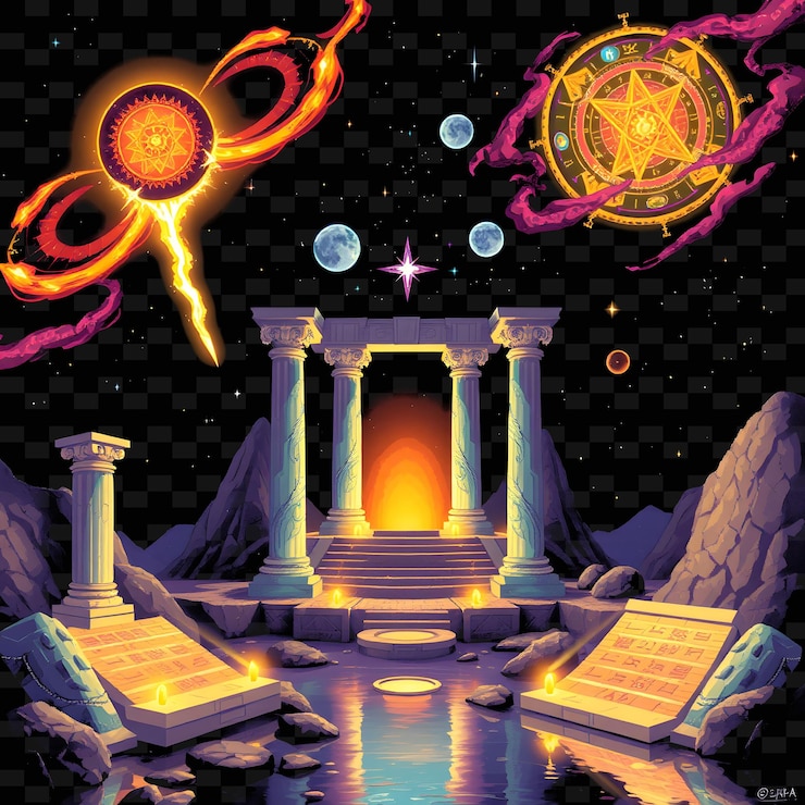 PSD set celestial temples with divine serenity glowing marble pillars and f png house element designsl