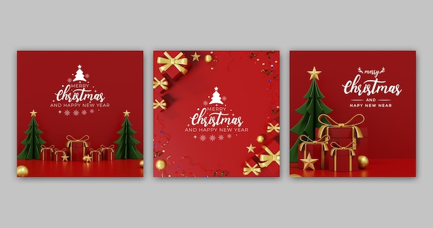 PSD set of christmas greeting card with red background