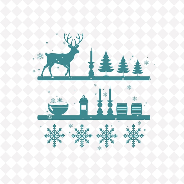 A set of christmas icons and a deer on a shelf