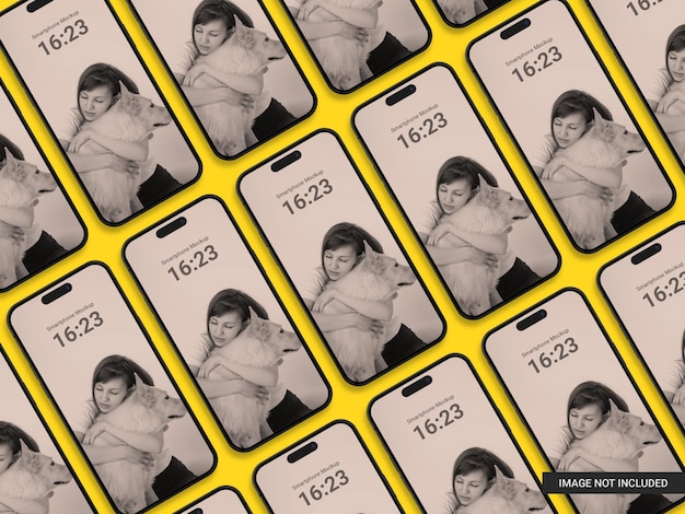 PSD set of collection diagonal phone 14 pro mockup blank screen on the yellow background for ui ux