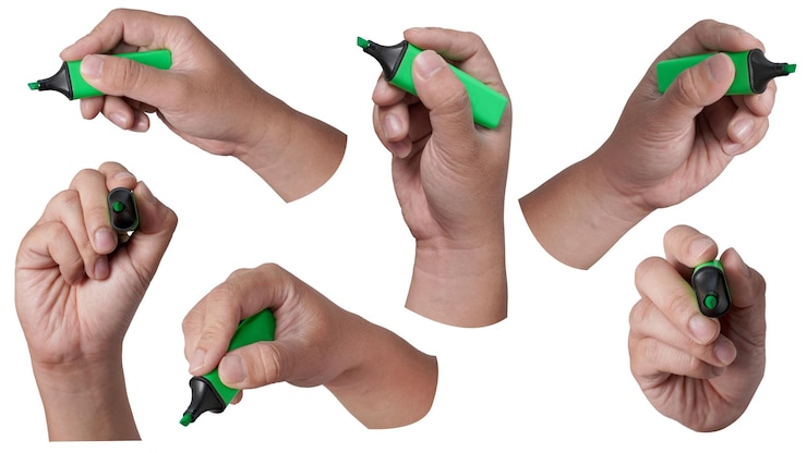 PSD set collection of male person hand holding highlighter pen writing position cut out isolated