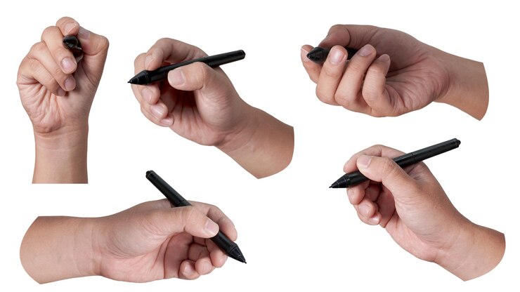 PSD set collection of male person hand holding pen writing cut out isolated