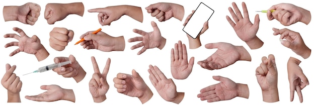 Set collection of male person hand in various gesture signs and positions cut out isolated