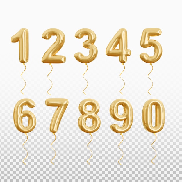 PSD imposta la raccolta numero realistico di palloncini d'oro rendering 3d premium