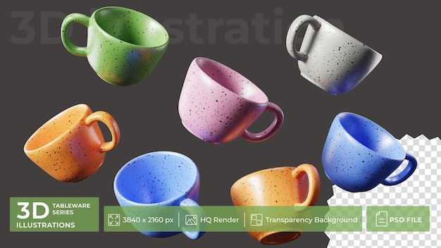 PSD set of colored cups and mugs hanging in the air on a dark background