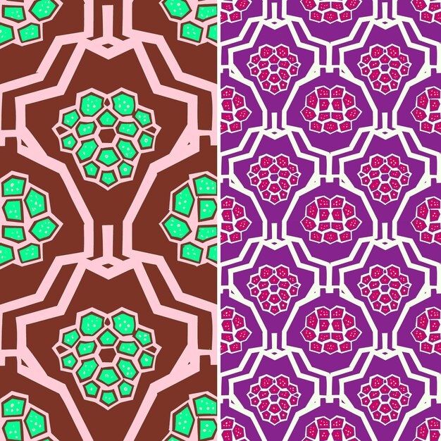 A set of colored patterns with geometric shapes and flowers