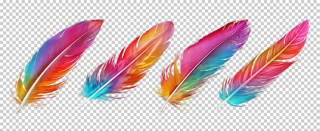 PSD set of colorful feathers isolated on transparent background png psd