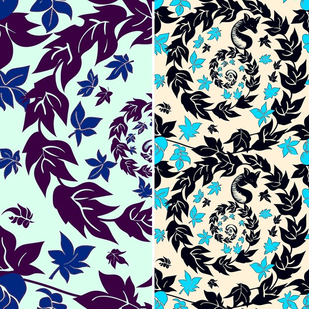 A set of colorful floral patterns with leaves and flowers