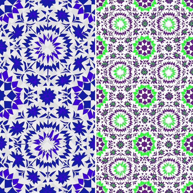 緑と青の花が付いた色とりどりの幾何学的なパターンのセット