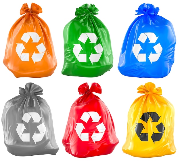 set of colorful recycling garbage bags 3d illustration isolated on transparent background