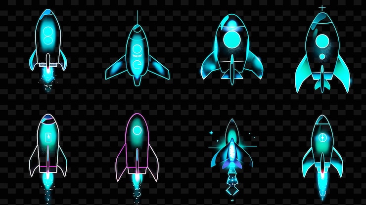 PSD set of colorful rockets on a black background