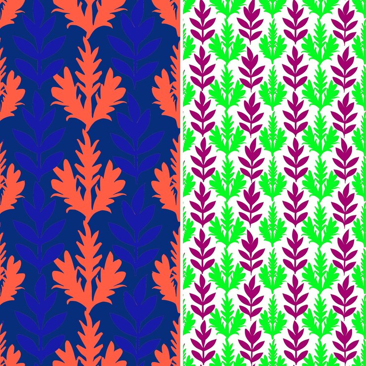 PSD a set of colorful seamless patterns with leaves and a purple and green background