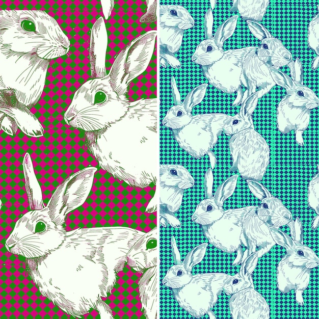 PSD a set of colorful seamless patterns with white rabbits and flowers