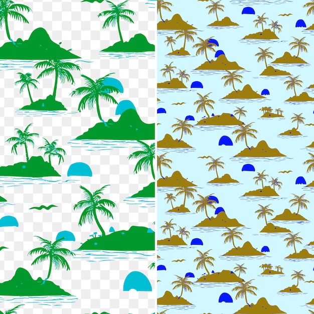 PSD a set of colorful tropical islands with palm trees and clouds on a blue background