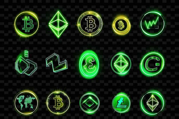 PSD a set of cryptocurrency icons with glowing outline in neon s png iconic y2k shape art decorative