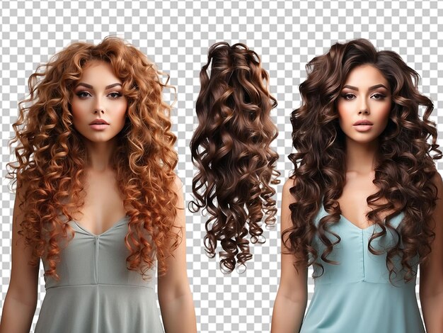 Set of curly hair extensions in different colors on transparent background