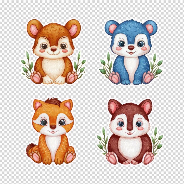 A set of cute animals on a transparent background