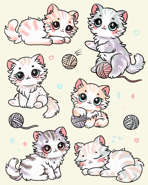 set of cute anime cartoon kittens in pastel colors playing with balls of wool