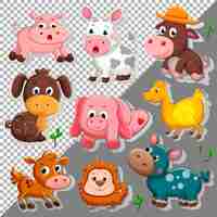 PSD set of cute farm animals pack sticker style on transparent background ai generated