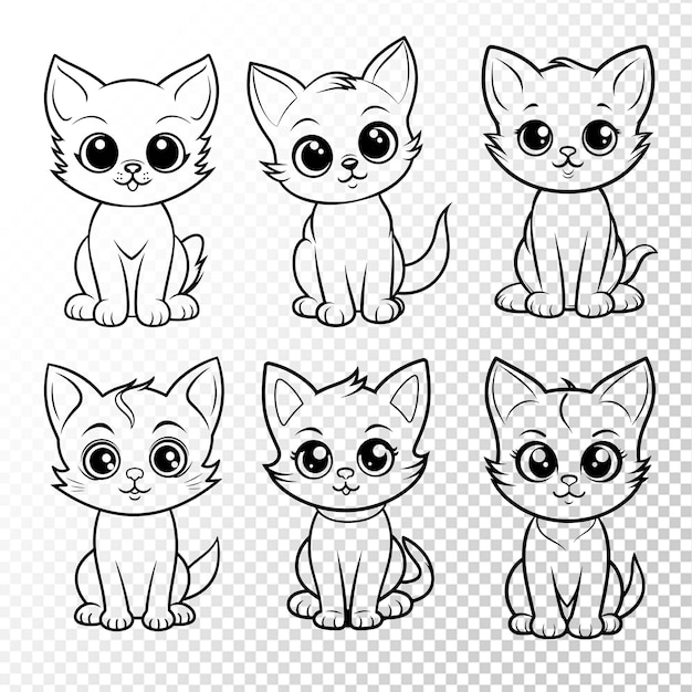 PSD set di simpatici gatti in stile cartone animato disegnati a mano in diverse pose