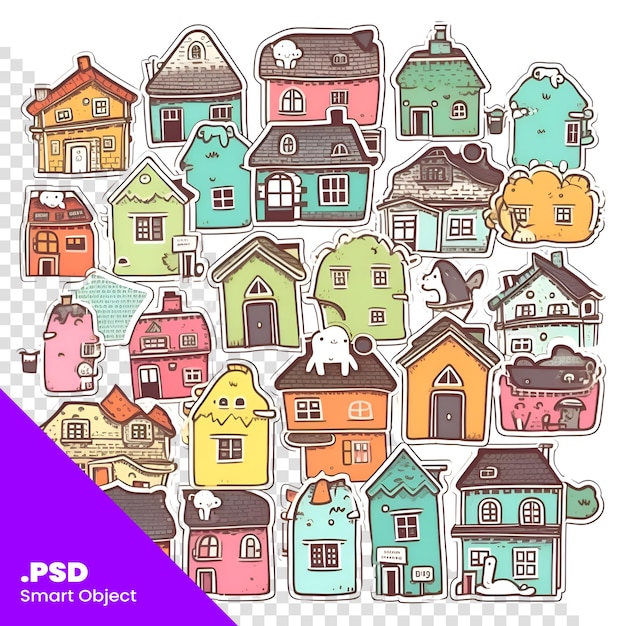 PSD set of cute hand drawn houses in doodle style vector illustration psd template