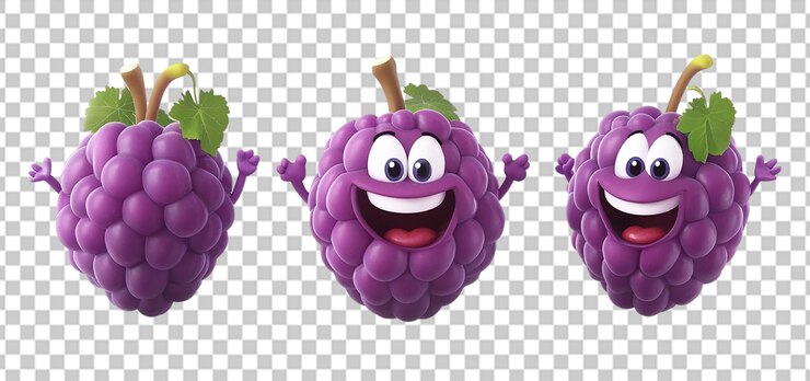 PSD set of a cute purple cartoon grape character isolated transparent background
