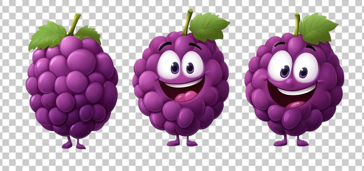PSD set of a cute purple cartoon grape character isolated transparent background