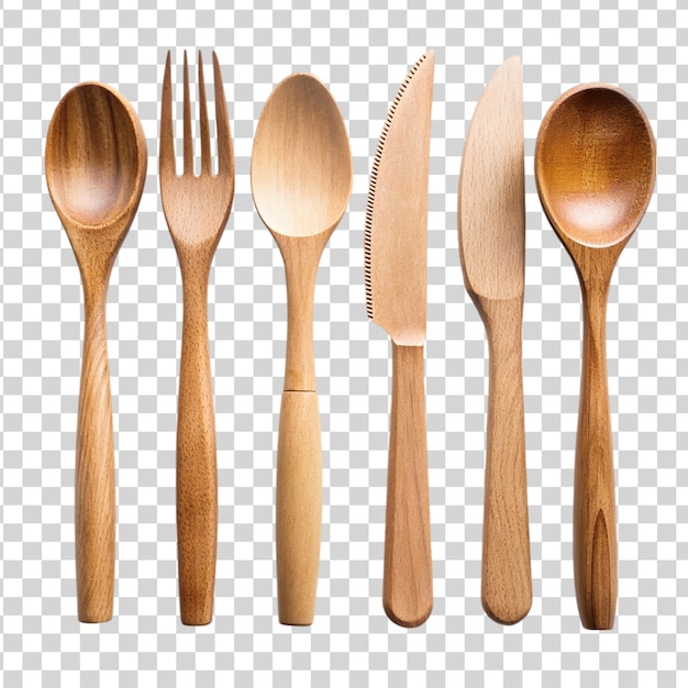PSD set of cutlery of wood isolated on transparent background