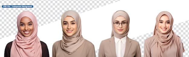 PSD insieme di donne musulmane felici donne islamiche in hijab sorridenti