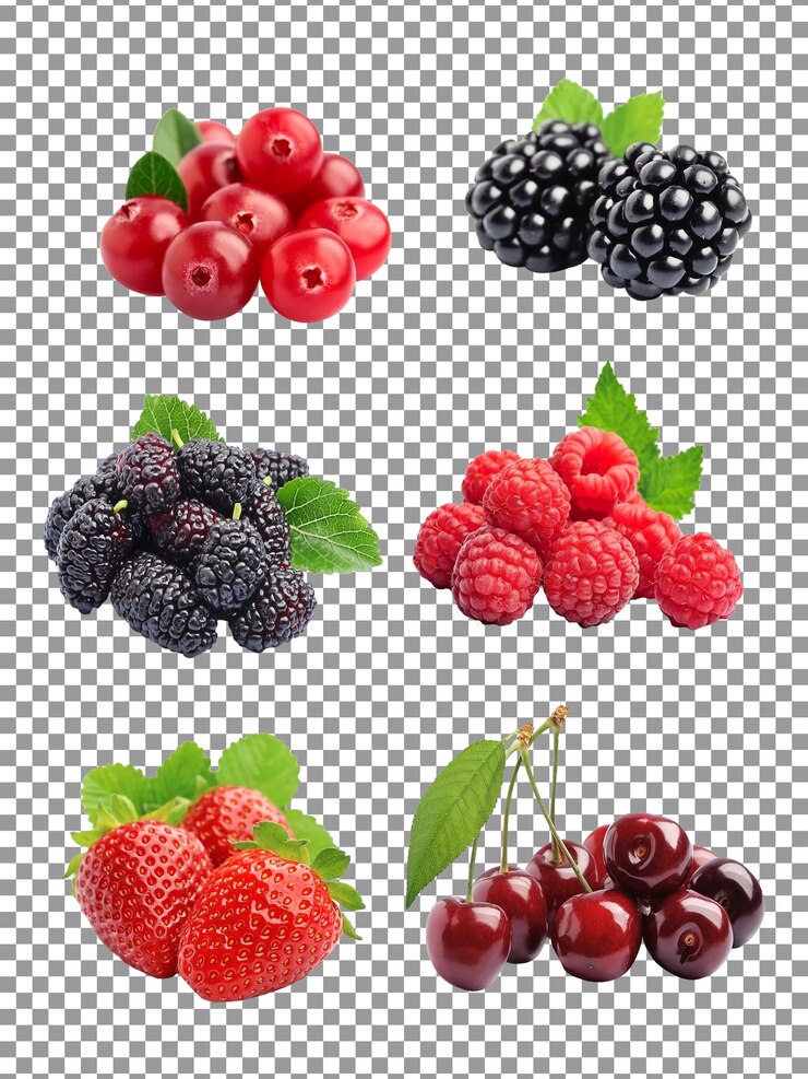 PSD set of different berries fruits isolated on a transparent background