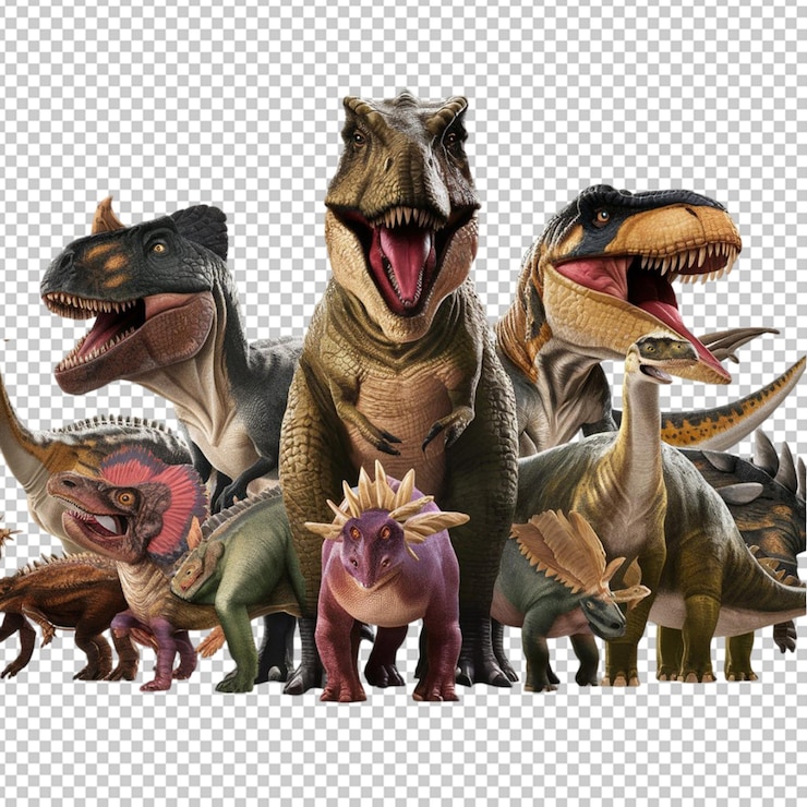 PSD set of different dinosaur character isolated on transparent background