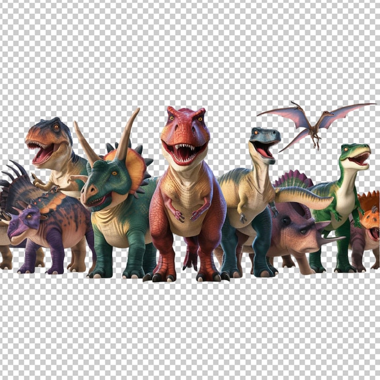 PSD set of different dinosaur character isolated on transparent background