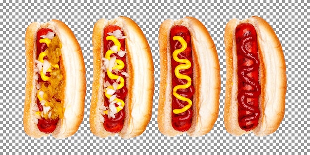 Set of different hotdogs set in row with transparent background