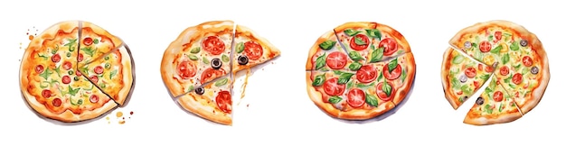 PSD set di diverse pizze con pomodoro mozzarella olive e basilico illustrazione vettoriale